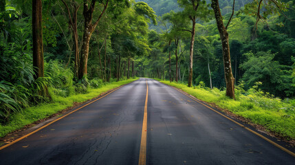 Fototapeta premium a road between greenery with a tree