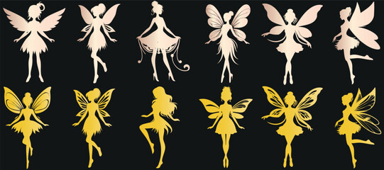 Enchanting fairy silhouette , magical fantasy fairy vector figures in various poses on a dark background, ideal for children’s themes, fantasy books, and mystical designs - obrazy, fototapety, plakaty