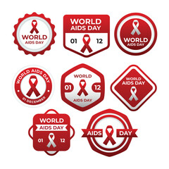 Set of World Aids Day 1 December badge emblem or sticker with red ribbons, Vector concept of aids awareness. Design with text, Stop signs set, Suitable for banners, flyers, stickers, Card, etc.