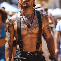 body of a sexy muscular gay man in tattoos and leather harness at the LGBT Pride Parade