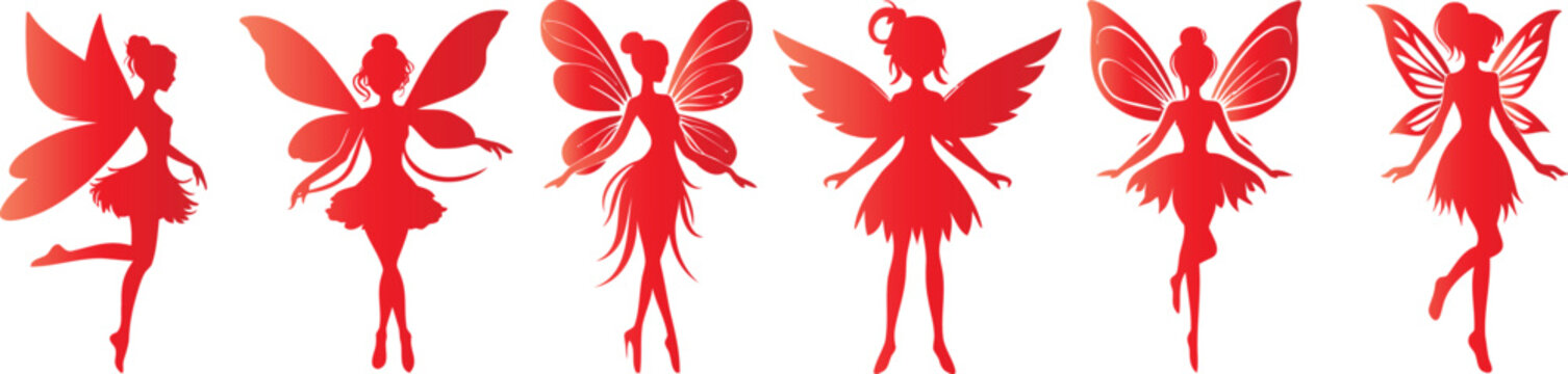 red fairy silhouette, fantasy themed fairy vector, perfect for childrens book, Fairies illustrations, magical event invitations, and elegant design elements