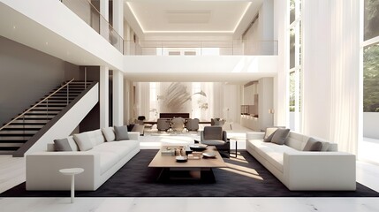 Luxury living room interior with white walls, concrete floor, white sofa and coffee table. 3d rendering