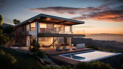 Panoramic view of modern house with garage and pool. Sunset