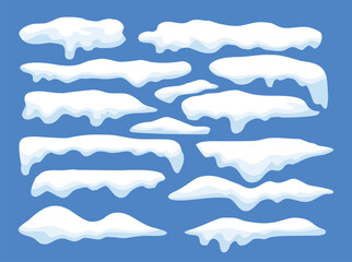 Set of white snowy cape set collection on blue background,  snowdrifts set, Winter element, border frame snow decoration. cartoon flat decoration with snowflakes, icicles isolated on blue.