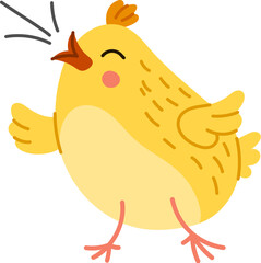 Adorable chick cartoon character tweeting joyfully with closed eyes and tiny beak, overflowing with cuteness and spreads cheer at farm or livestock. Isolated cute and funny little chicken singing