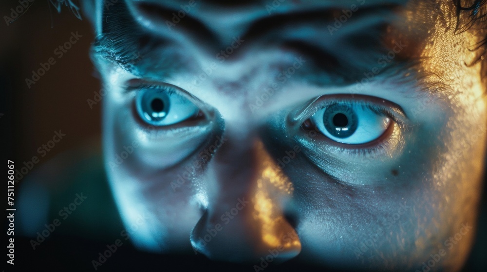 Poster a closeup of a players face illuminated by their computer monitor showing the intense emotions and a