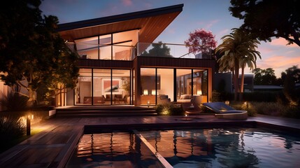 Luxury house with swimming pool at dusk. Panorama.