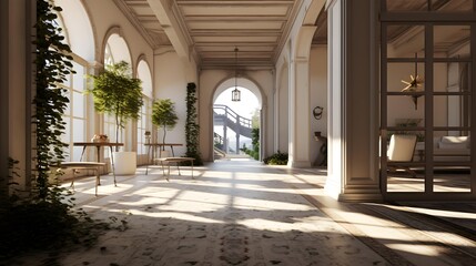 Luxury hotel lobby interior with sun rays. 3d rendering