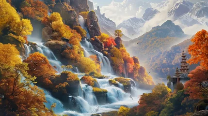 Tuinposter Dive into the natural beauty of cascading streams navigating through mountain landscapes, intertwining with secluded villages, while colorful birds grace the scene with their aerial dance. © The Image Studio