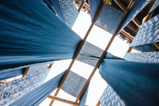 drying traditional dyed cloth by hanging outdoor
