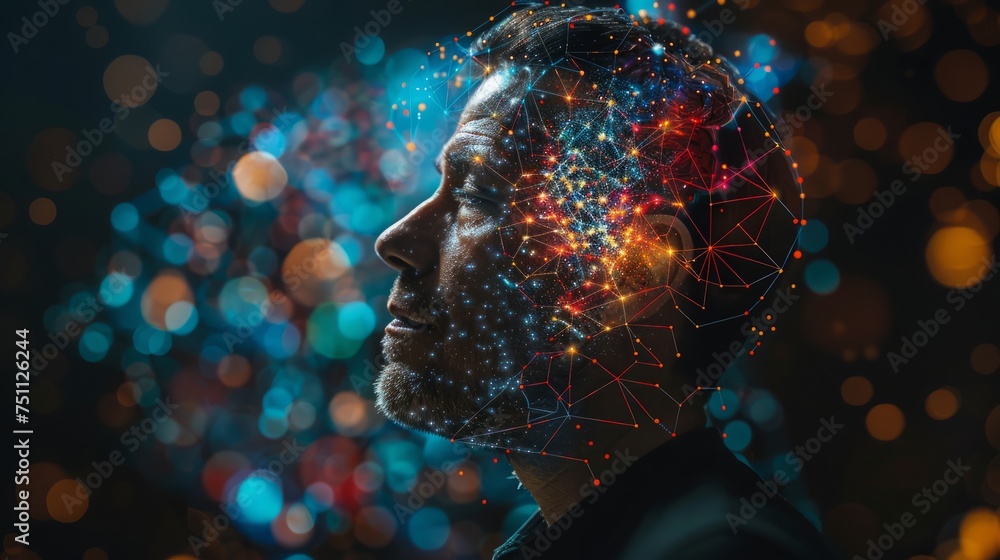 Poster brain and thinking in a human head. brain nervous system concept. deep learning, artificial intellig