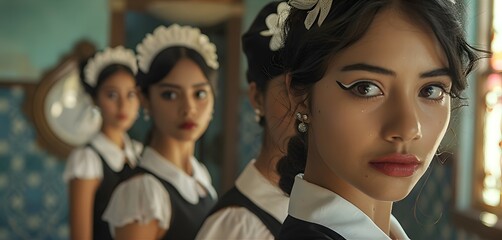 Fototapeta premium row of beautiful mexican teens working as hotel maids