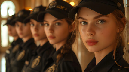 row of beautiful russian teens working as luxury hotel security