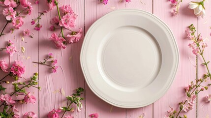 White plate and flower on light wood, pastel party elegance, festive table decor