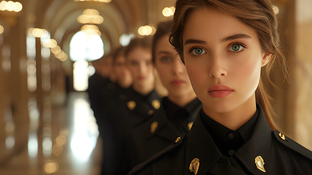 row of beautiful russian teens working as luxury hotel security