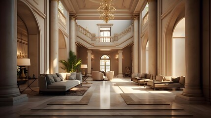 3d rendering of the interior of a luxurious hotel with large windows