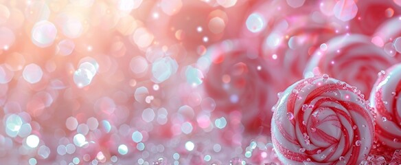 Sparkling red and white candy swirls nestled on a glistening bokeh background with festive vibes.