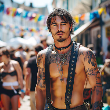 Handsome sexy muscular white gay man with bare abs in leather harness at the LGBT parade on the street