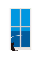 青空の海を窓から見ている一匹の黒ねこ