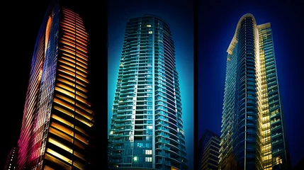 Foto auf Acrylglas Modern skyscrapers at night in Shanghai, China. Collage. © Iman