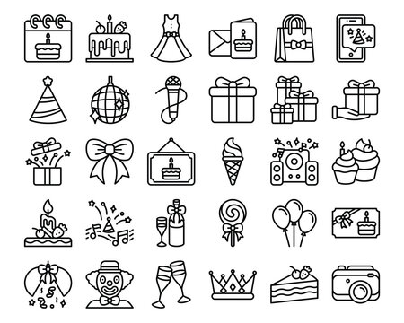 birthday and party outline icon set vector