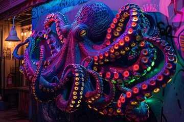 Fototapeta premium installation of luminous by neon lights tentacles of octopus on the wall