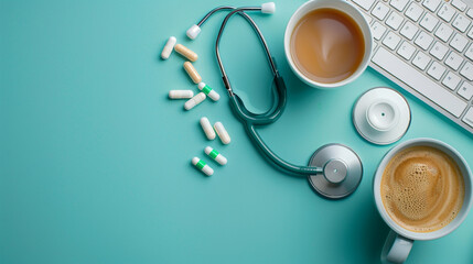 Stethoscope, pc keyboard, coffee and drugs on turquoise background on white color background professional photography
