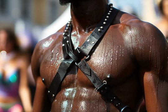 body of a black sexy muscular gay man in tattoos and leather harness at LGBT Pride Parade