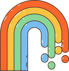Groovy retro cartoon hippie symbol of rainbow rain, vector vintage art sticker. 70s groovy or hippy funky art of peace and love or disco music symbol of rainbow with color drops