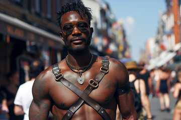 Brutal sexy muscular black gay man in leather harness at the LGBT parade on the street