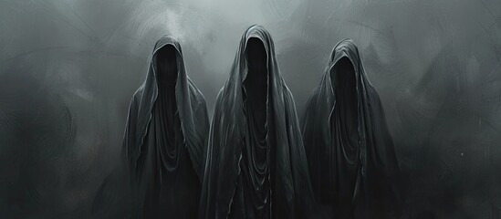 Three terrifying figures in dark hooded cloaks standing together in the shadows, their ghostly presence sending chills down your spine.
