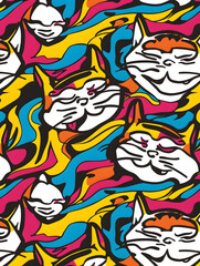 A visually appealing pattern featuring Vertebrate organisms in the form of cats, painted with vibrant Art paint on a colorful background. A fusion of Graffiti and Painting in a mesmerizing Pattern