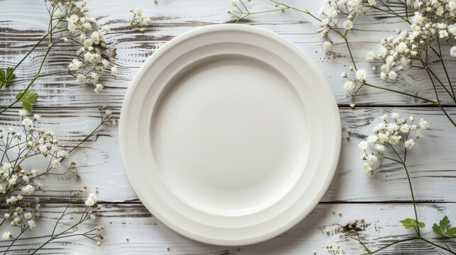 White plate on white wooden table, top view, flat lay, mock-up. copy space