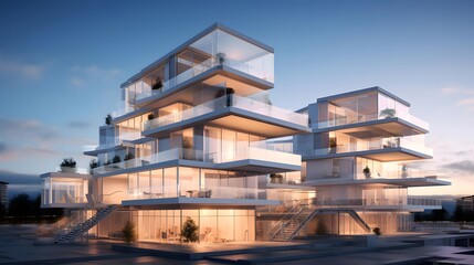 Modern luxury house exterior at sunset. Panoramic image of a modern house in the evening.