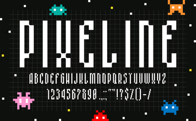 Modern pixel font, binary type, digital typeface, 8bit geometric alphabet. Vector retro video game or digital display pixelated letters, numbers and signs. Typography characters of pixelated blocks