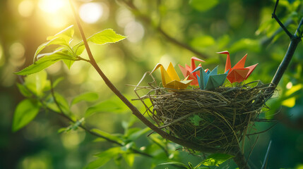 Morning Snapshot. Little Paper Bird and Its Real Nest on Tree. Generative AI.