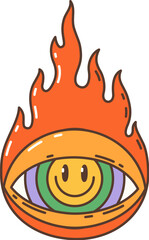 Cartoon retro groovy hippie eye with fire flames in 60s and 70s art, vector symbol. Hippie groovy eye and fire flame sign with smile in rainbow in groovie funky cartoon style for sticker