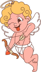 Cartoon retro groovy Valentine cherub cupid character with bow and arrow, vector 70s hippie art. Amour angel kid shooting with love heart arrow, groovy funky cupid for Valentine holiday or wedding