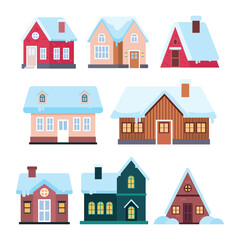 Set of Cute Snowy Suburban House set collection, Blue Rural Winter Cottage Vector Illustration, snowy house outside interior with building for facade landscape home cityscape cartoon.