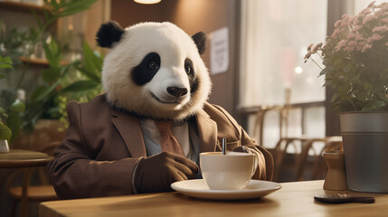  Panda Bear Enjoying Coffee Break. Generative AI.