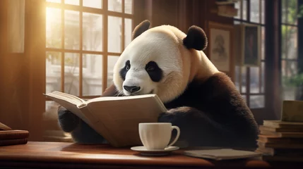 Fotobehang Photograph of a panda bear reading a book. Generative AI. © Yerjung