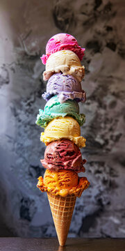 Towering Stack of Colourful Ice Cream Scoops.
A towering vertical stack of various flavoured ice cream scoops balanced on a cone against a grey backdrop.