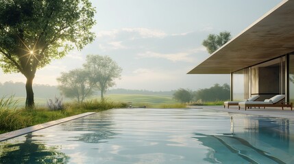 Daytime allure in a high-quality image of a pristine pool, featuring modern architecture and...