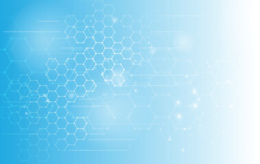 Hexagons pattern blue background. Genetic research, molecular structure. Chemical engineering. Concept of innovation technology. Used for design healthcare, science and medicine background