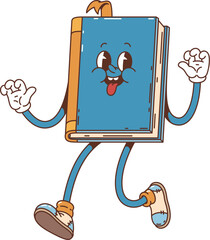 Cartoon book groovy character. Isolated vector whimsical textbook personage with sticking bookmark and tongue, expressive eyes and perpetual grin, ready for back to school education and adventures