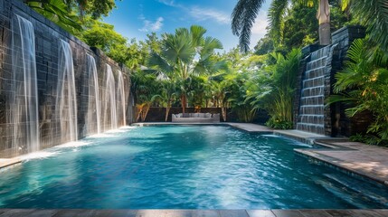 Daytime luxury showcased in a high-quality snapshot of an expansive pool, where water cascades down an artistic feature wall - obrazy, fototapety, plakaty