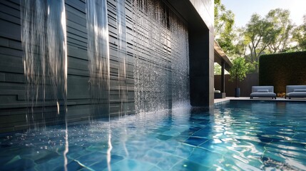 Daytime luxury showcased in a high-quality snapshot of an expansive pool, where water cascades down...