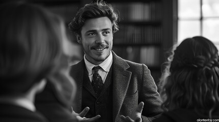 Business executive speaking to people - describing something - telling a story - black and white photograph - monochrome - stylish and classically cool 