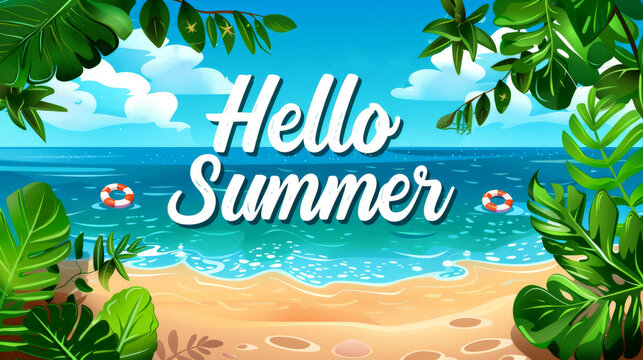 Hello summer banner with leaves and water with top view, Generative AI.