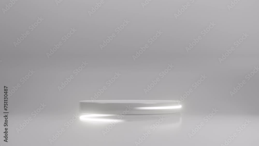 Poster podium with a bright white circle in rotation swirling around glowing on white background. futuristi